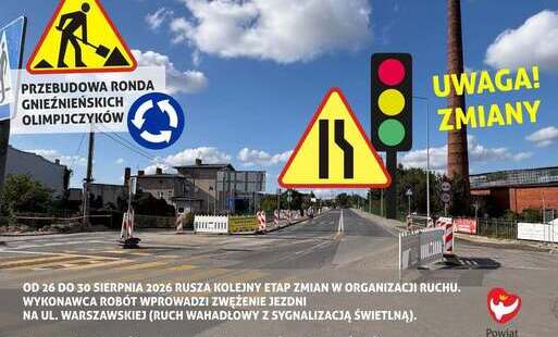 Zdjęcie do Zwężenie jezdni i ruch wahadłowy na Rondzie Gnieźnieńskich Olimpijczyk&oacute;w