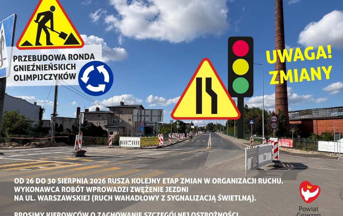 Ruch wahadłowy przy Rondzie Gnieźnieńskich Olimpijczyków. Zmiany na ul. Warszawskiej